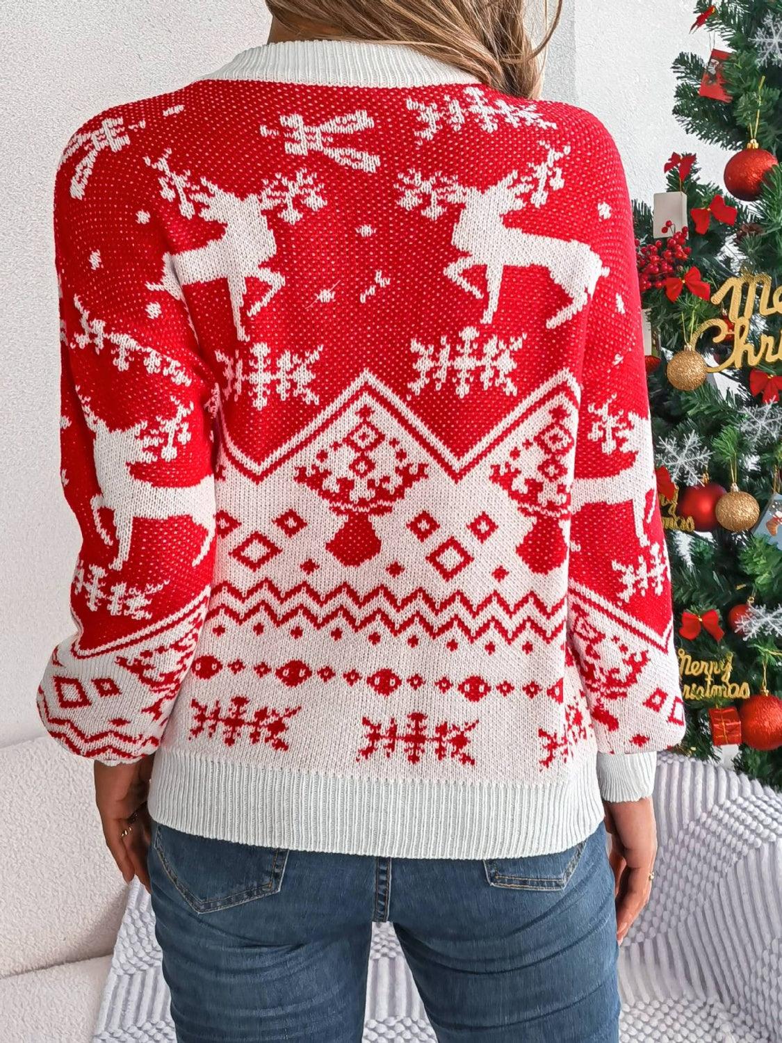 Christmas Element Round Neck Long Sleeve Sweater - Bona Fide Fashion