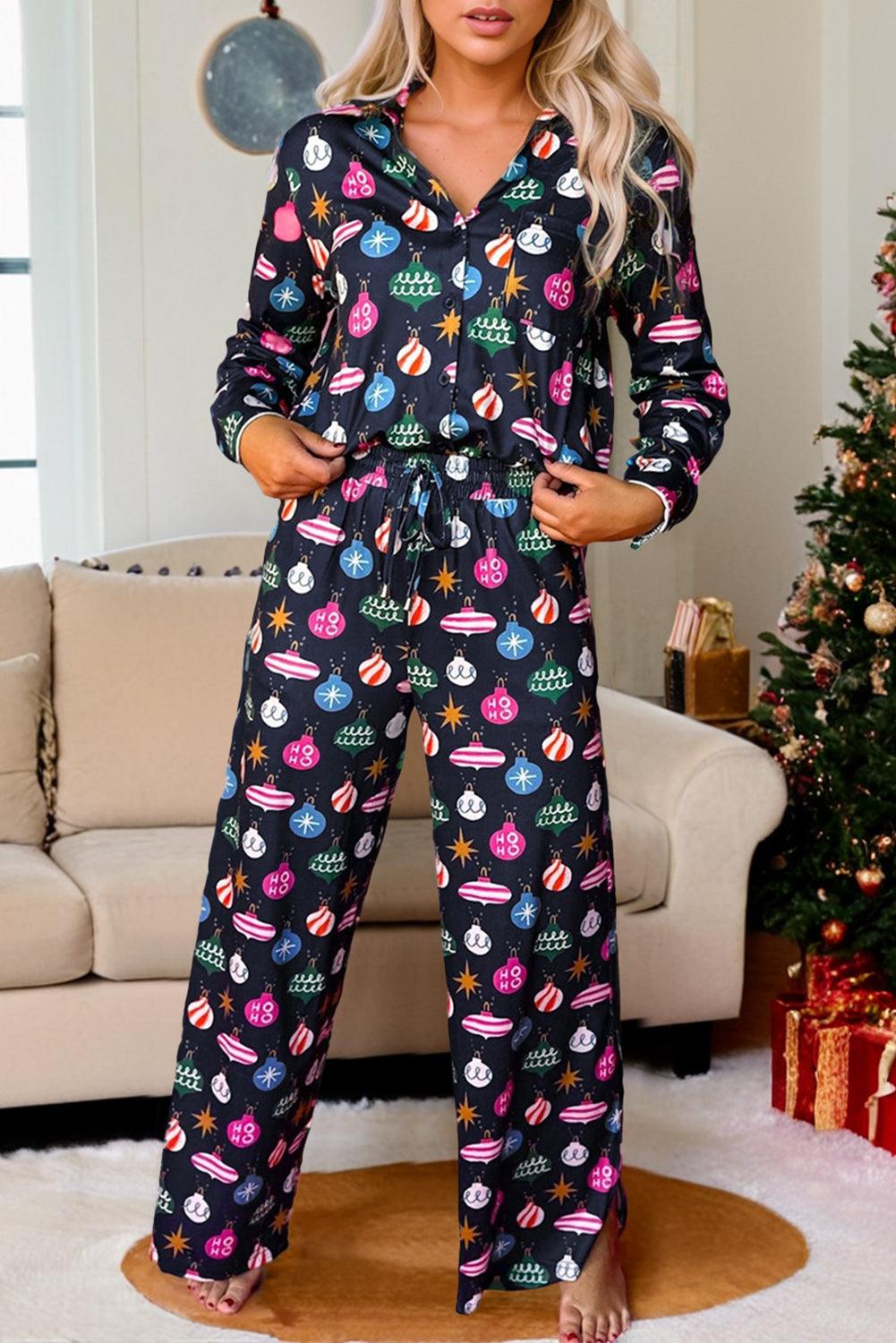 Christmas Lights Print Collared Neck Top and Pants Set - Bona Fide Fashion