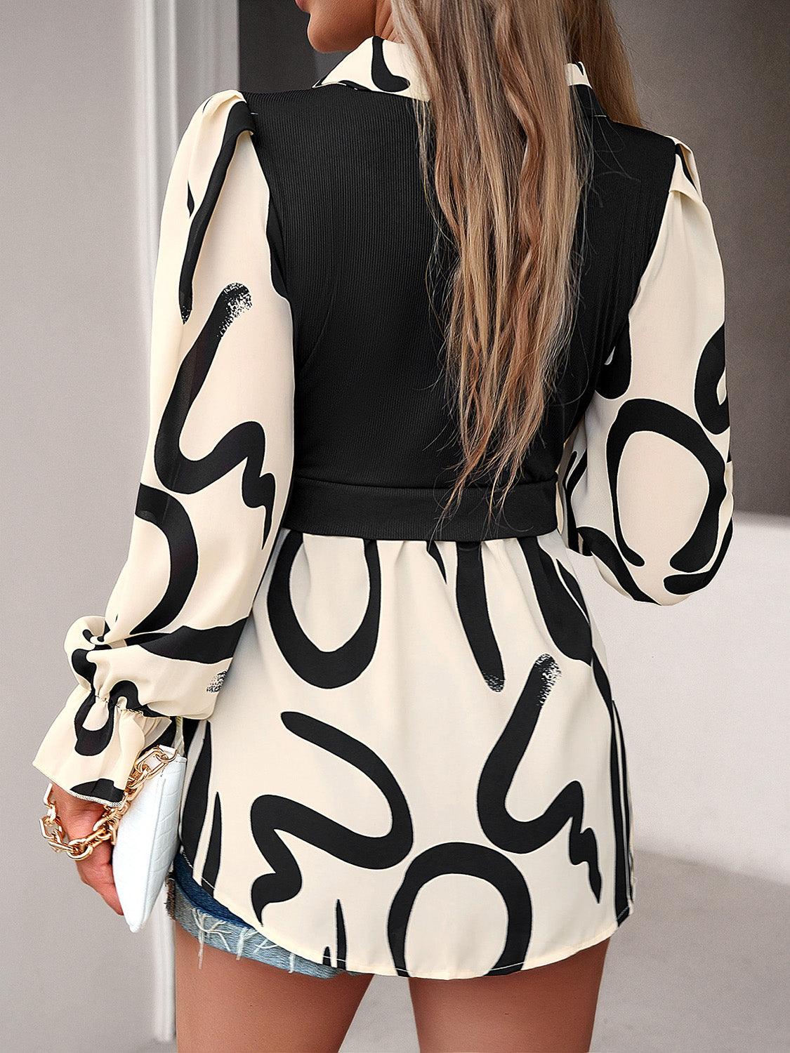 Collared Neck Black And White Color-Contrast Print Long Sleeve Shirt - Bona Fide Fashion