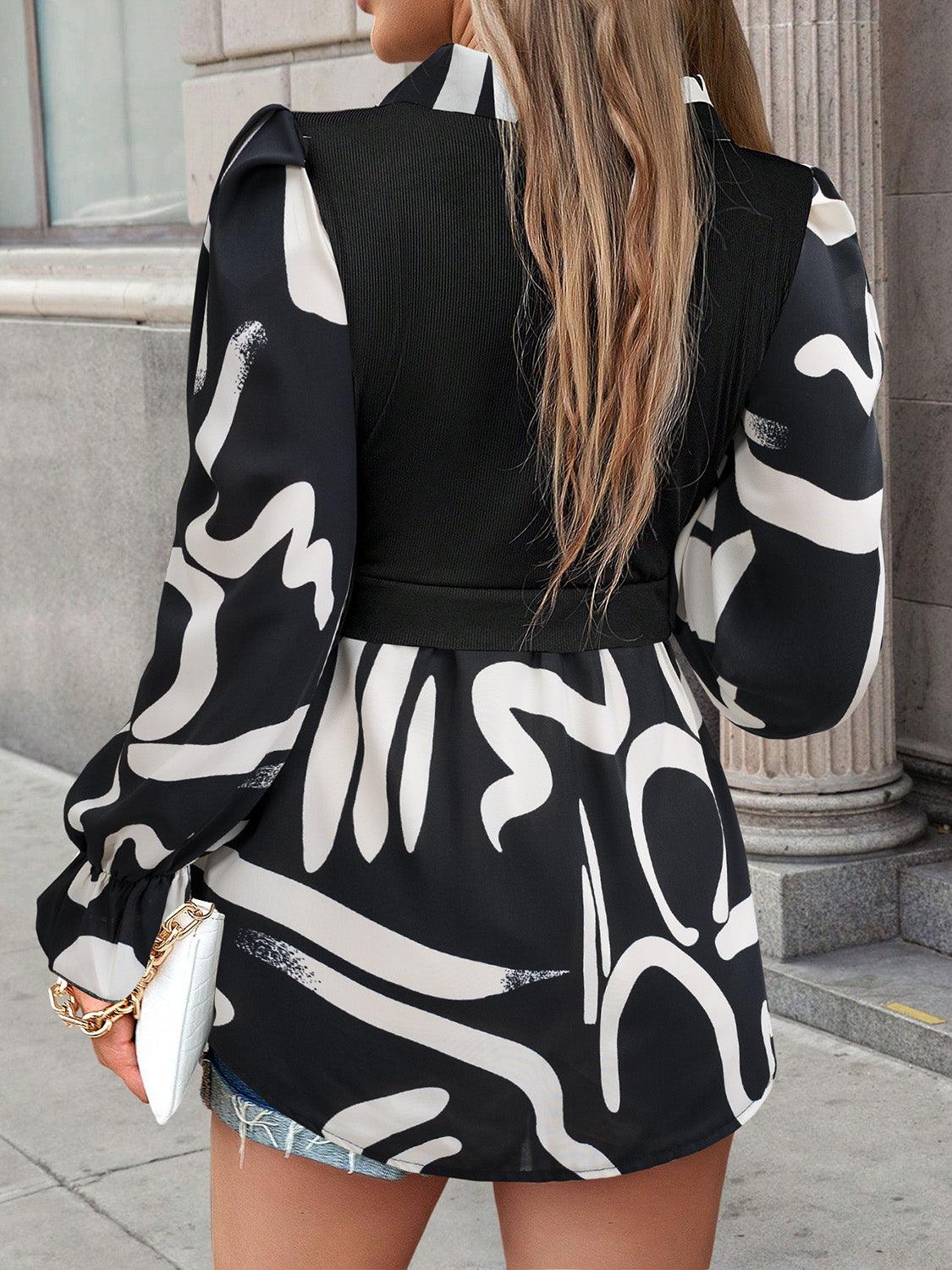 Collared Neck Black And White Color-Contrast Print Long Sleeve Shirt - Bona Fide Fashion