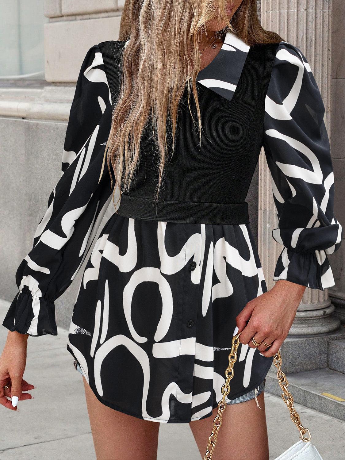 Collared Neck Black And White Color-Contrast Print Long Sleeve Shirt - Bona Fide Fashion