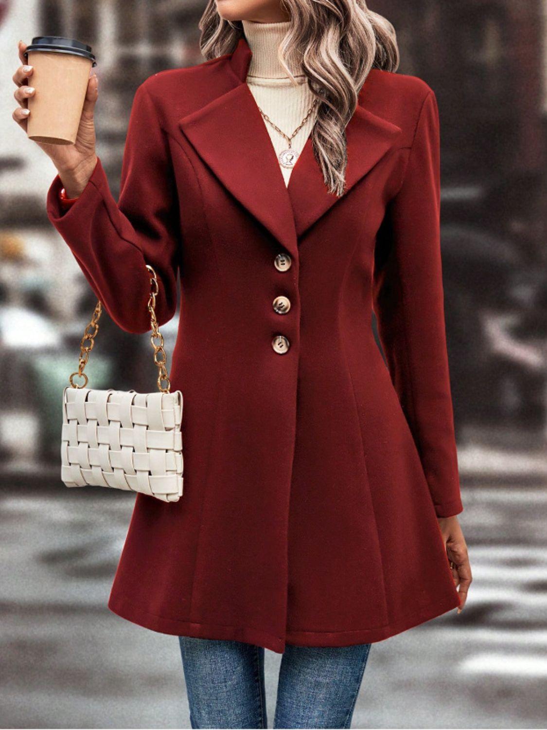 Collared Neck Button Up Long Sleeve Coat - Bona Fide Fashion