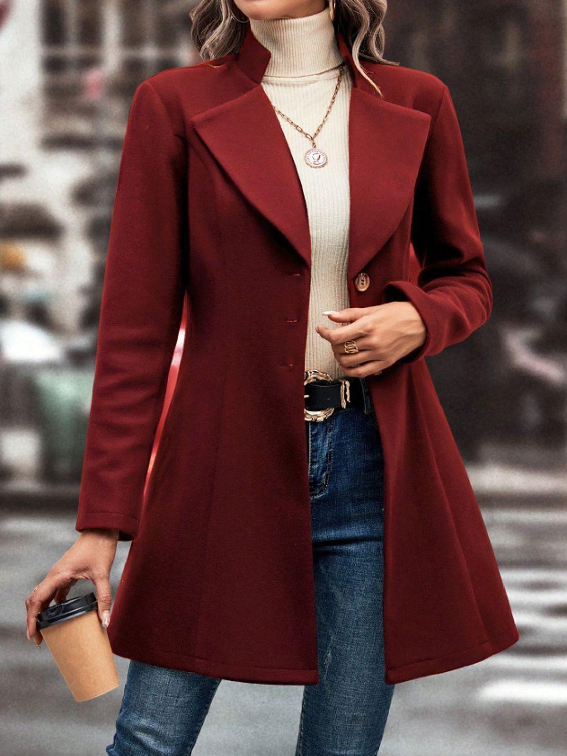 Collared Neck Button Up Long Sleeve Coat - Bona Fide Fashion