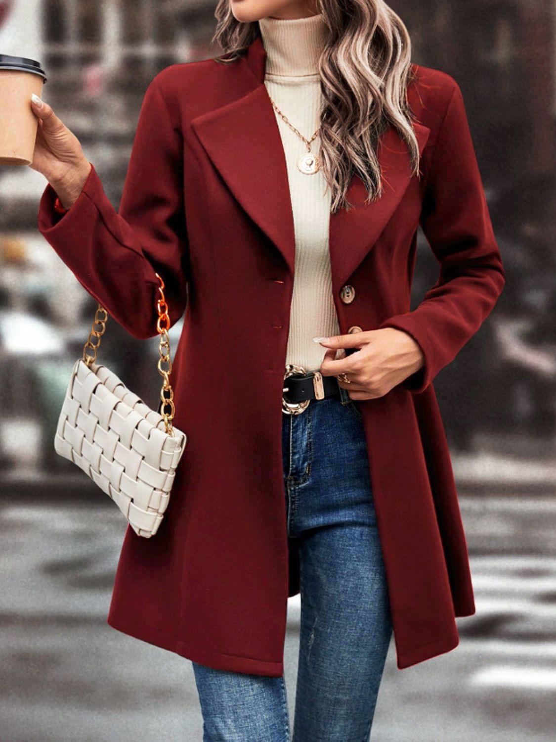 Collared Neck Button Up Long Sleeve Coat - Bona Fide Fashion