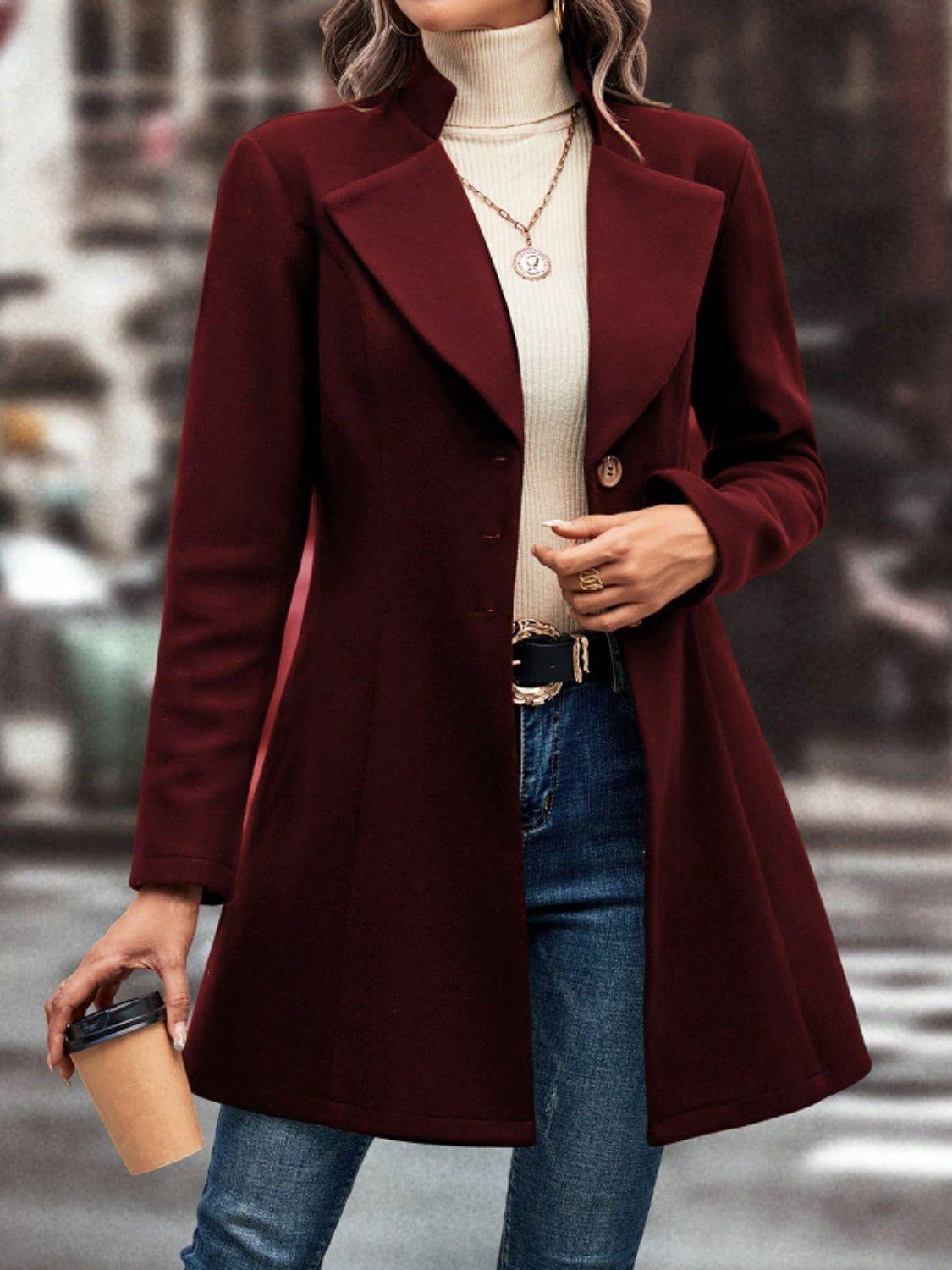 Collared Neck Button Up Long Sleeve Coat - Bona Fide Fashion