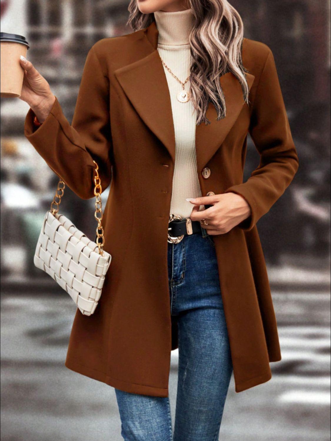 Collared Neck Button Up Long Sleeve Coat - Bona Fide Fashion