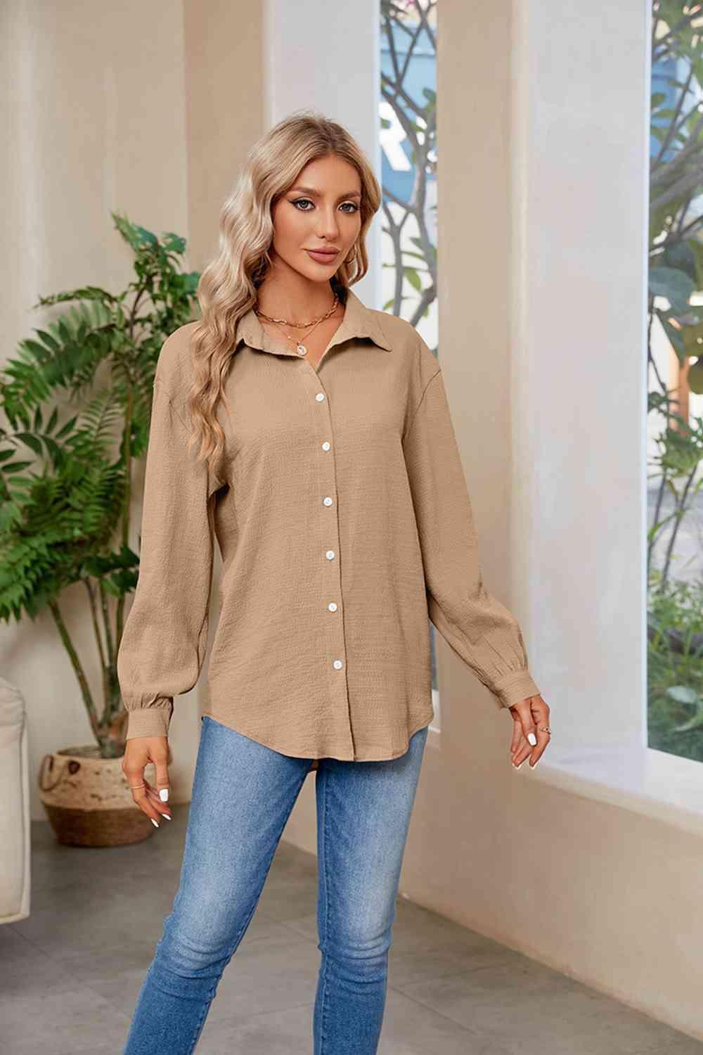 Bona Fide Fashion - Collared Neck Buttoned Long Sleeve Shirt - Women Fashion - Bona Fide Fashion