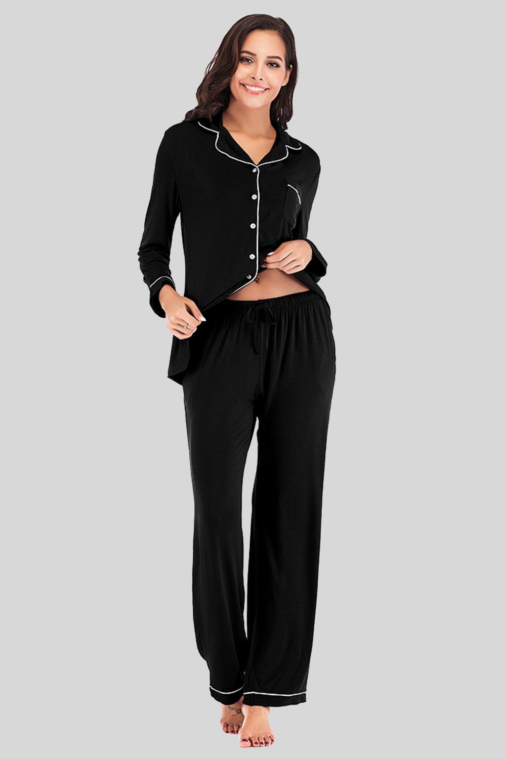 Collared Neck Long Sleeve Loungewear Set with Pockets - Bona Fide Fashion