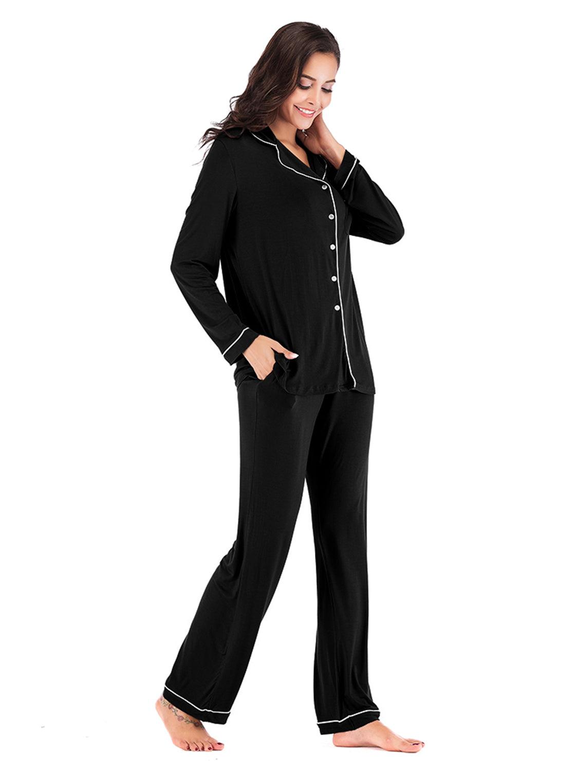 Collared Neck Long Sleeve Loungewear Set with Pockets - Bona Fide Fashion