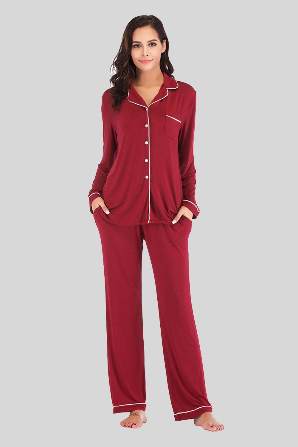 Collared Neck Long Sleeve Loungewear Set with Pockets - Bona Fide Fashion