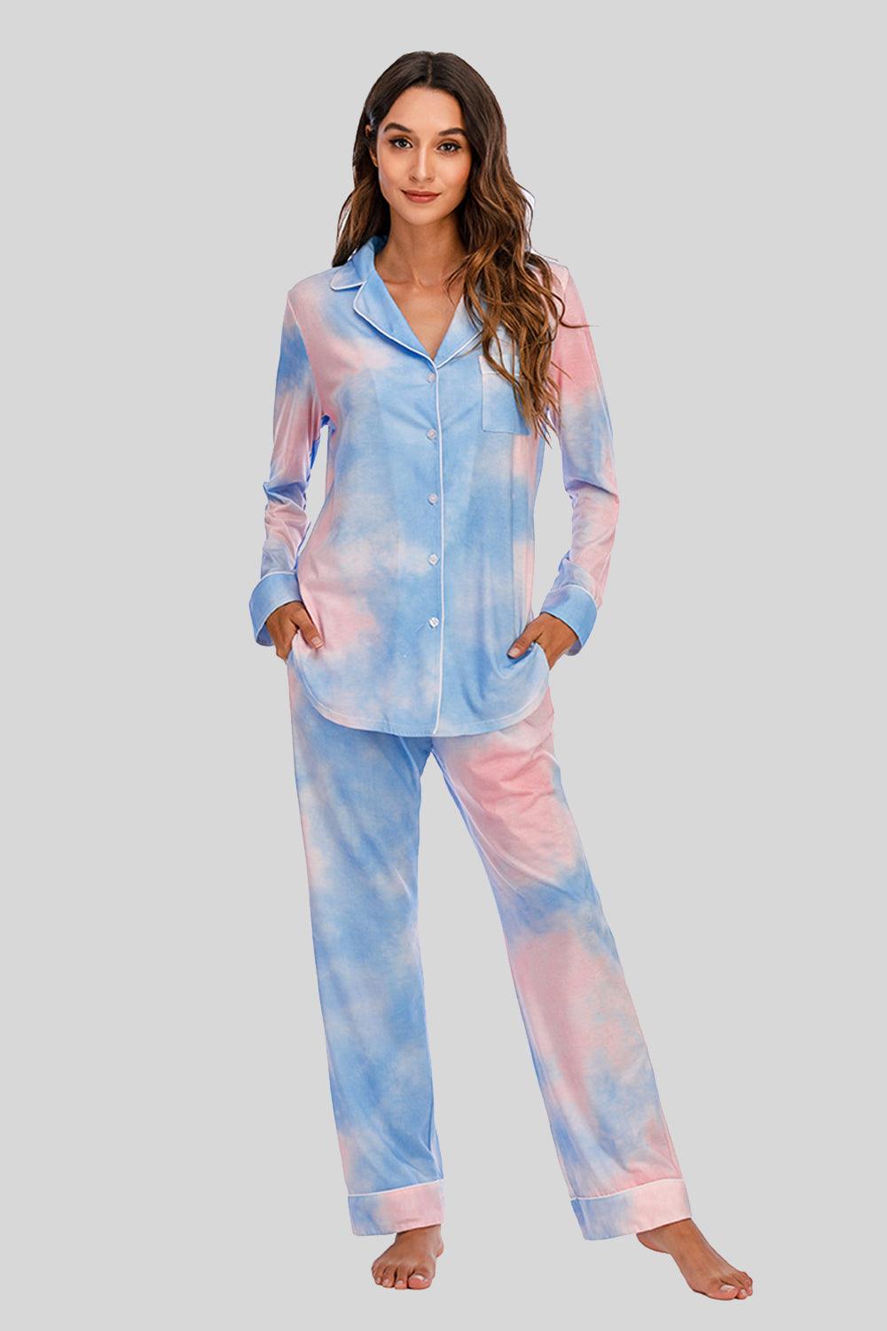 Collared Neck Long Sleeve Loungewear Set with Pockets - Bona Fide Fashion