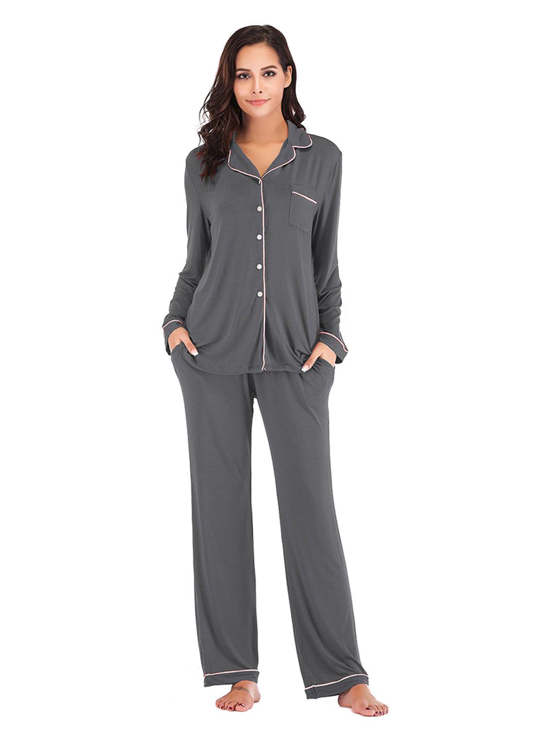 Collared Neck Long Sleeve Loungewear Set with Pockets - Bona Fide Fashion