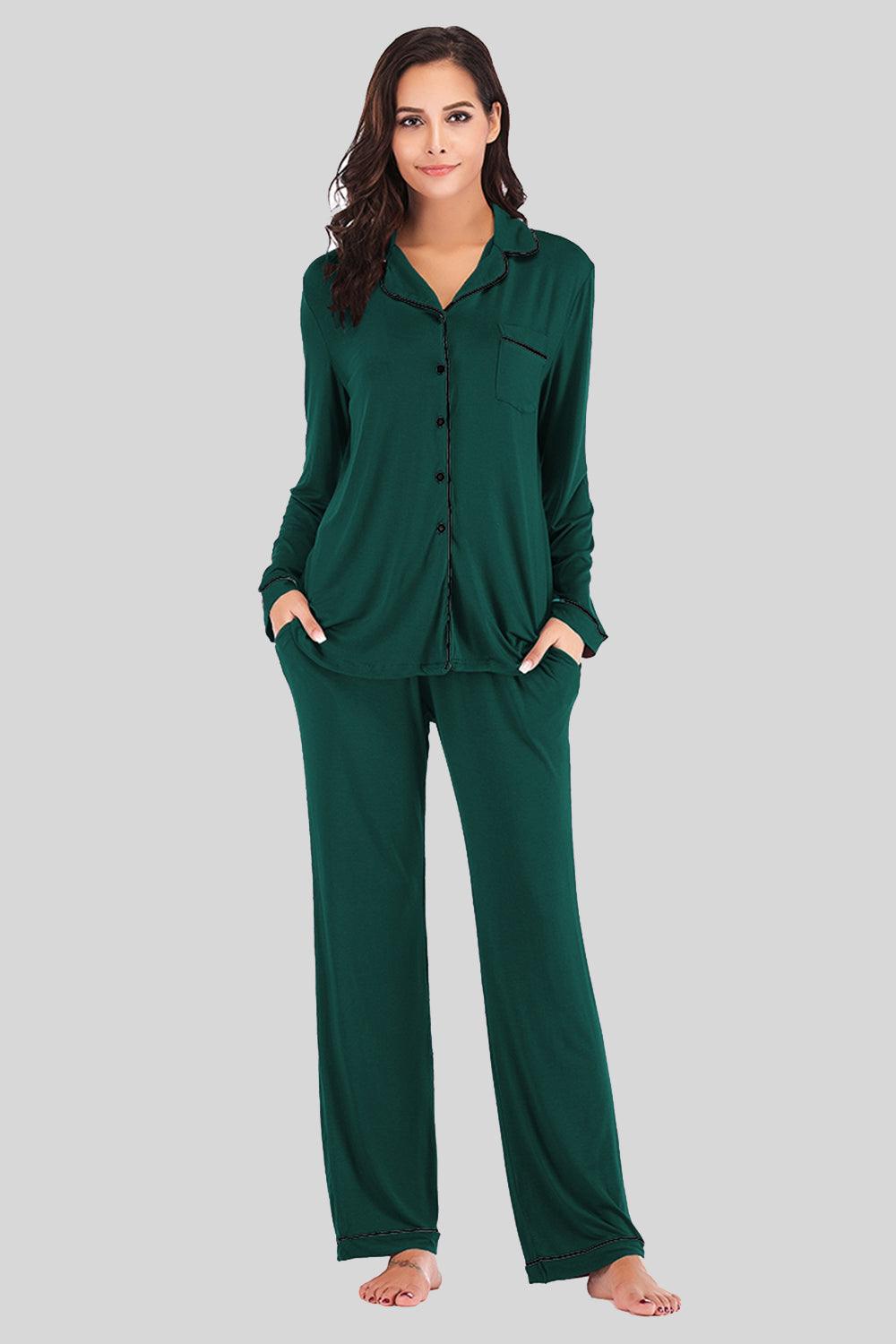 Collared Neck Long Sleeve Loungewear Set with Pockets - Bona Fide Fashion