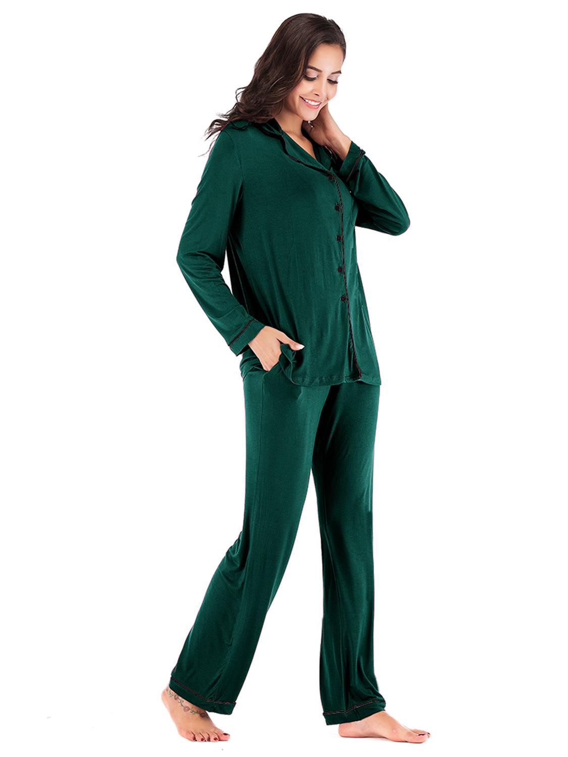 Collared Neck Long Sleeve Loungewear Set with Pockets - Bona Fide Fashion