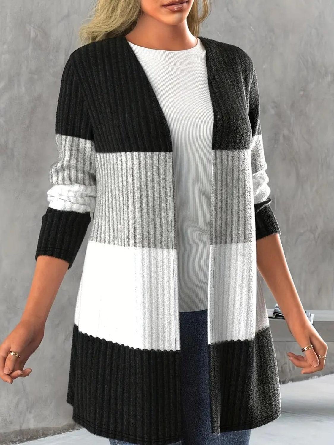 Color Block Open Front Long Sleeve Cardigan - Bona Fide Fashion