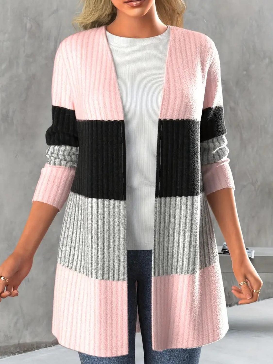 Color Block Open Front Long Sleeve Cardigan - Bona Fide Fashion