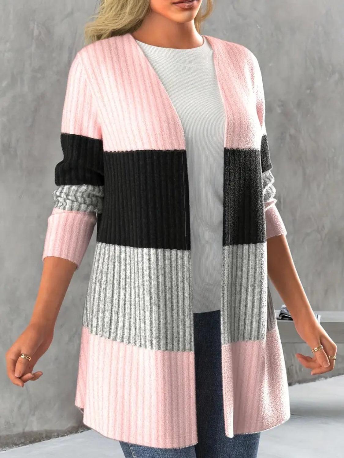 Color Block Open Front Long Sleeve Cardigan - Bona Fide Fashion