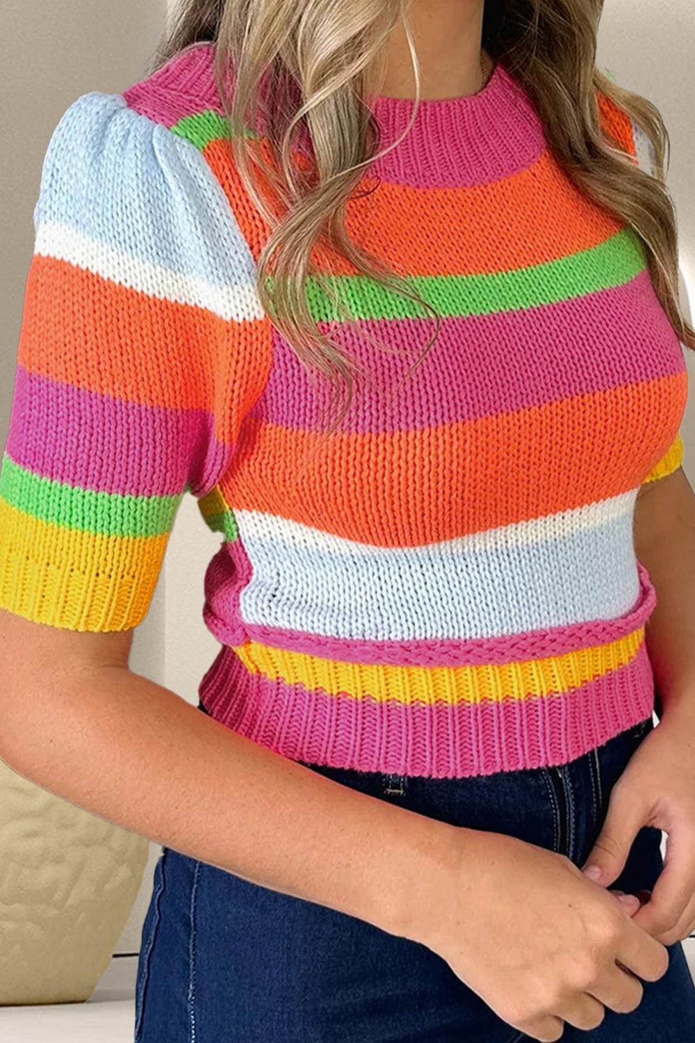 Color Block Round Neck Half Sleeve Knit Top - Bona Fide Fashion