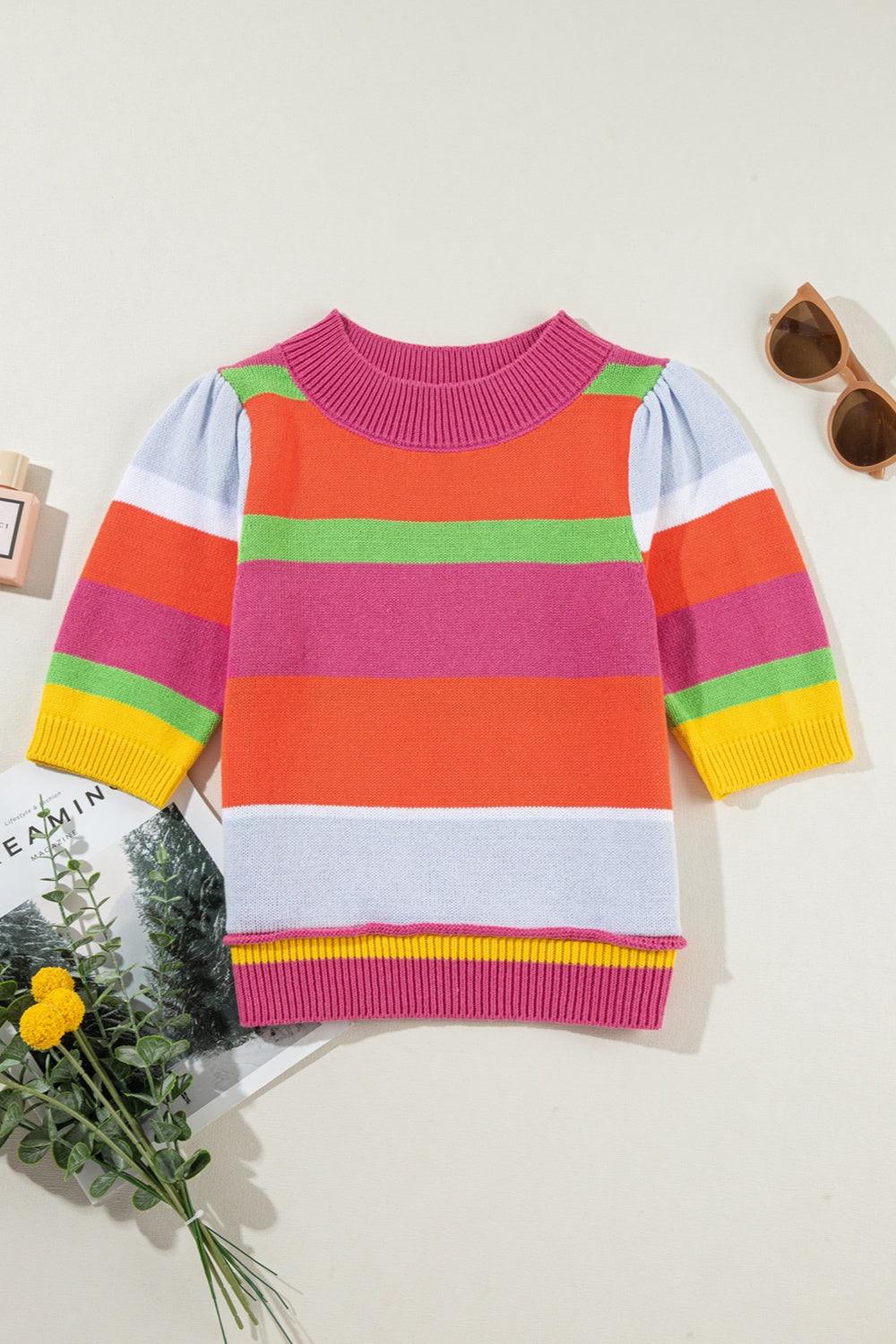 Color Block Round Neck Half Sleeve Knit Top - Bona Fide Fashion