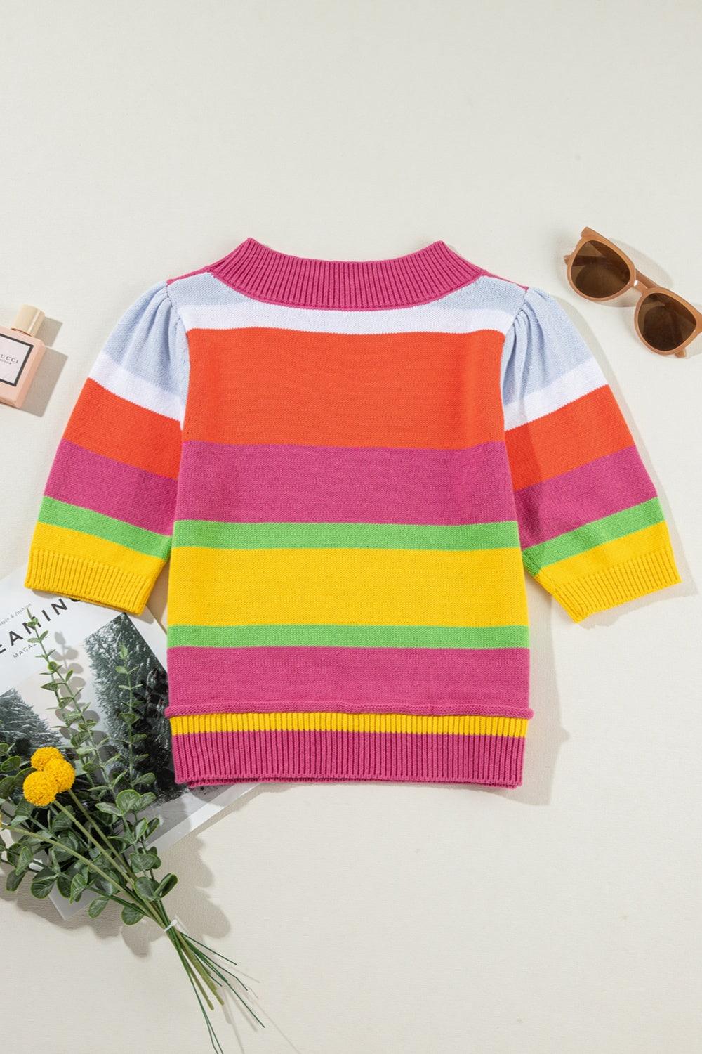 Color Block Round Neck Half Sleeve Knit Top - Bona Fide Fashion