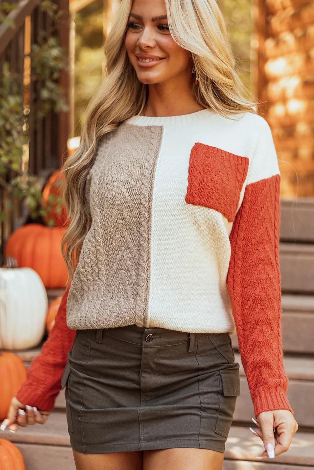 Color Block Round Neck Long Sleeve Sweater - Bona Fide Fashion