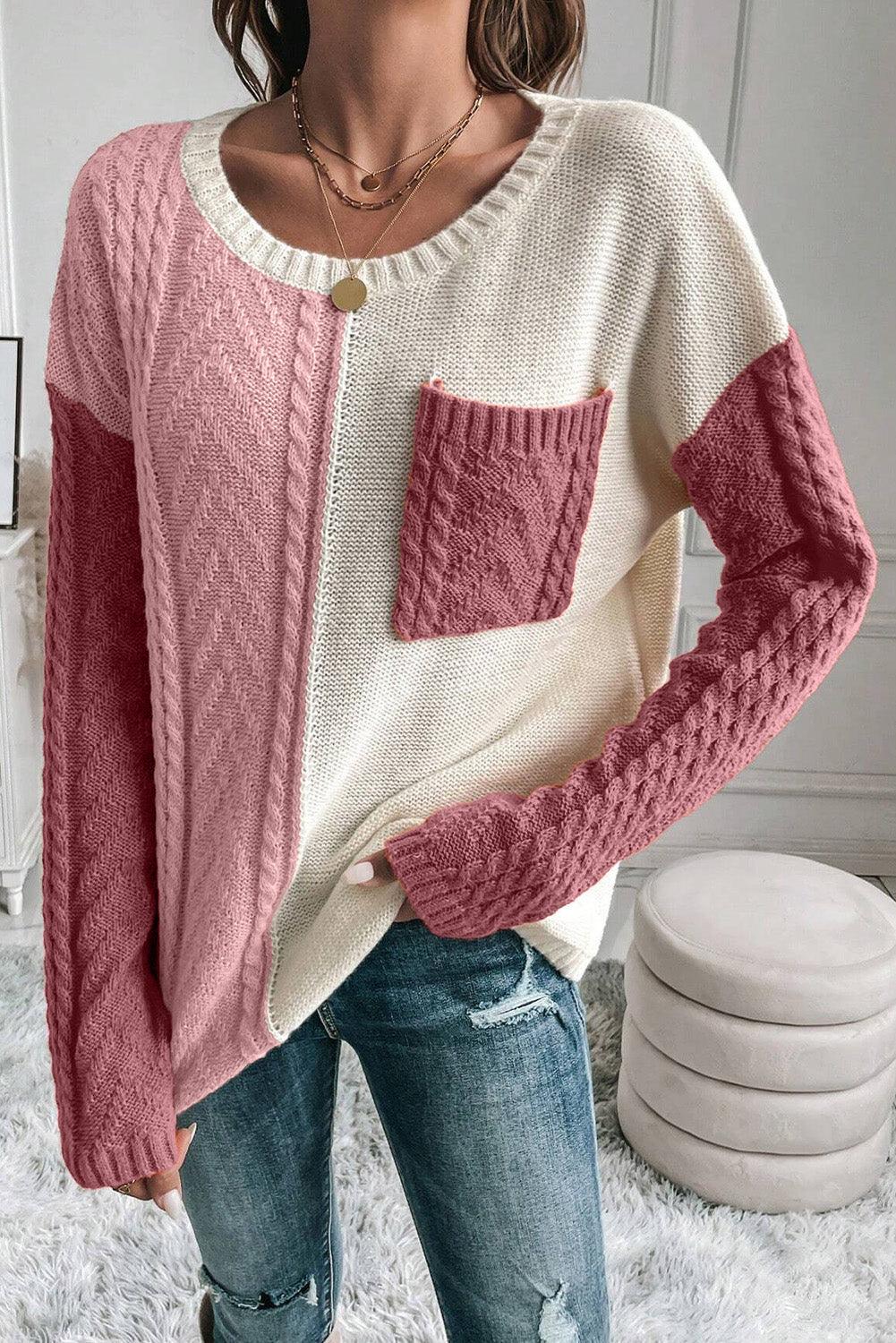 Color Block Round Neck Long Sleeve Sweater - Bona Fide Fashion