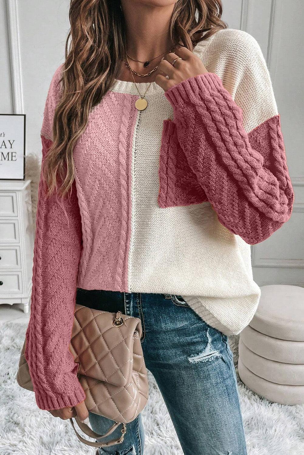 Color Block Round Neck Long Sleeve Sweater - Bona Fide Fashion