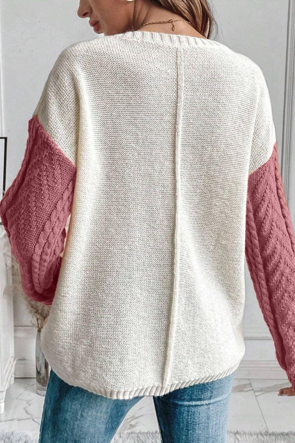 Color Block Round Neck Long Sleeve Sweater - Bona Fide Fashion