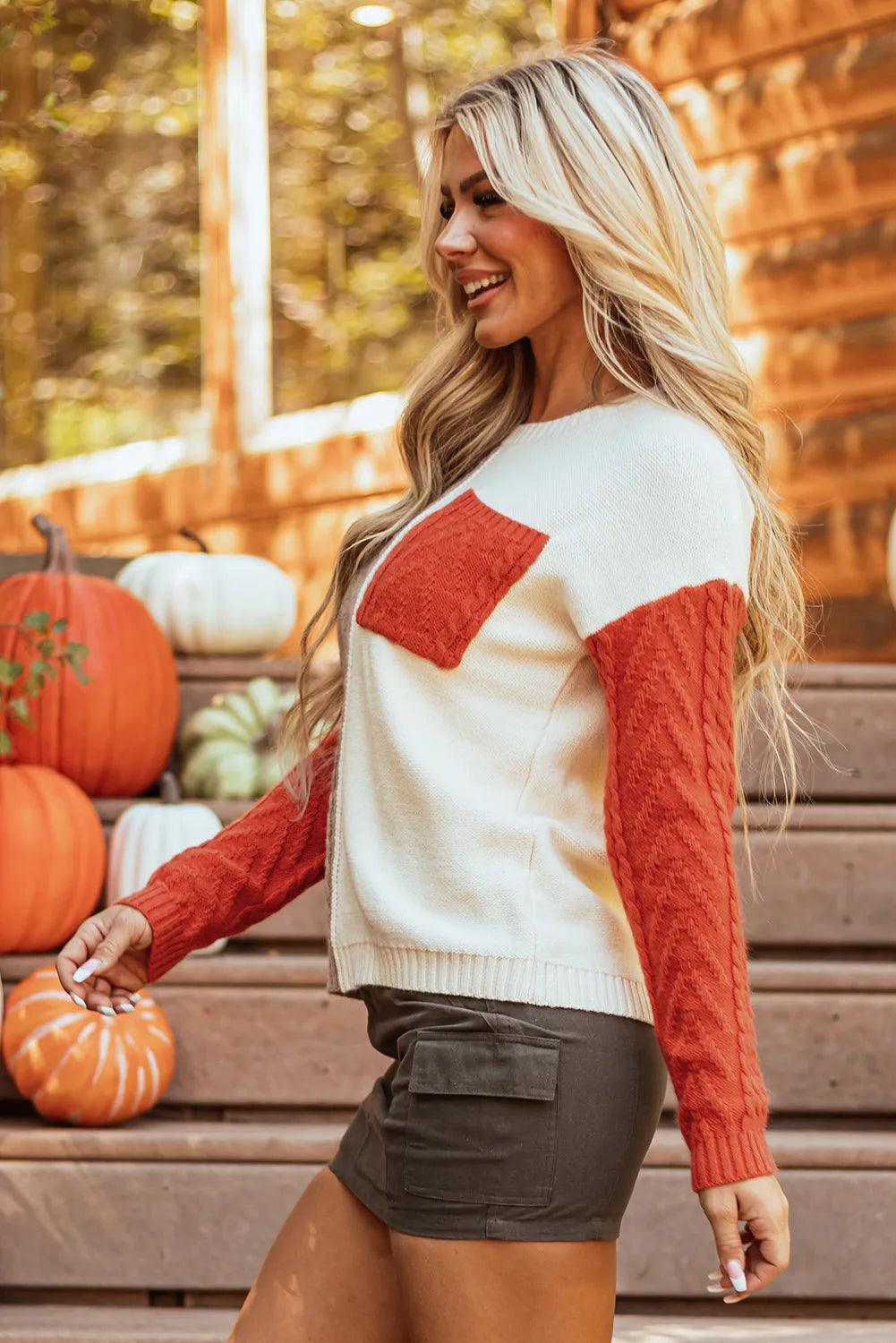 Color Block Round Neck Long Sleeve Sweater - Bona Fide Fashion