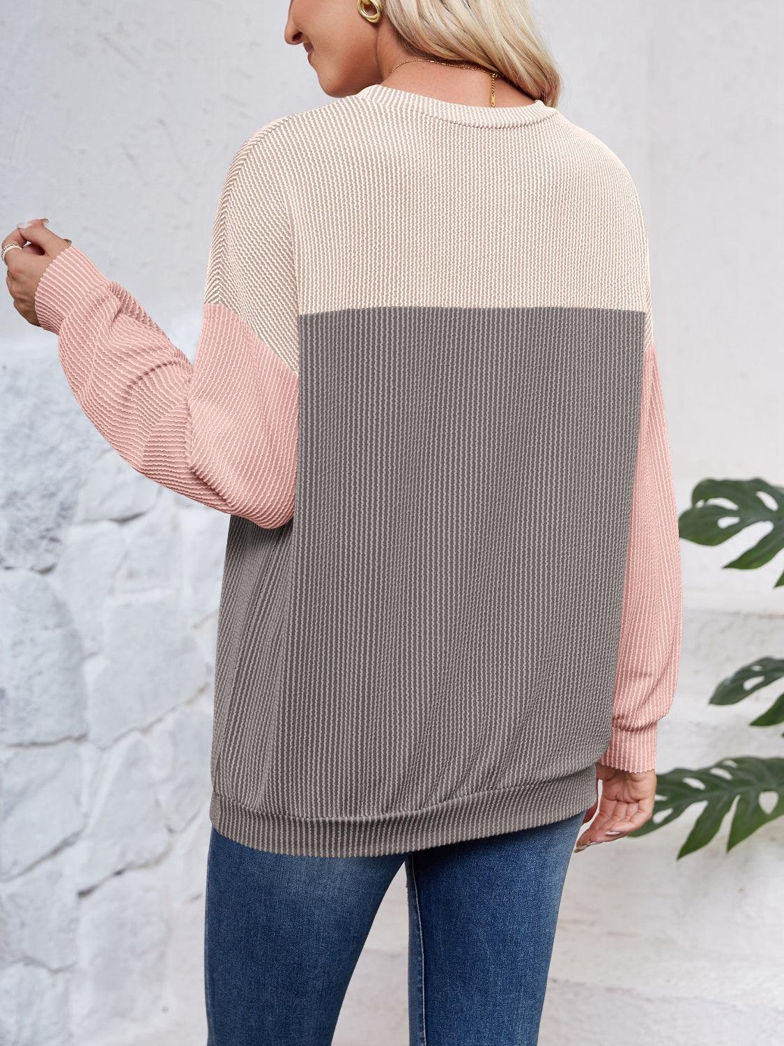 Color Block Round Neck Long Sleeve Sweatshirt - Bona Fide Fashion