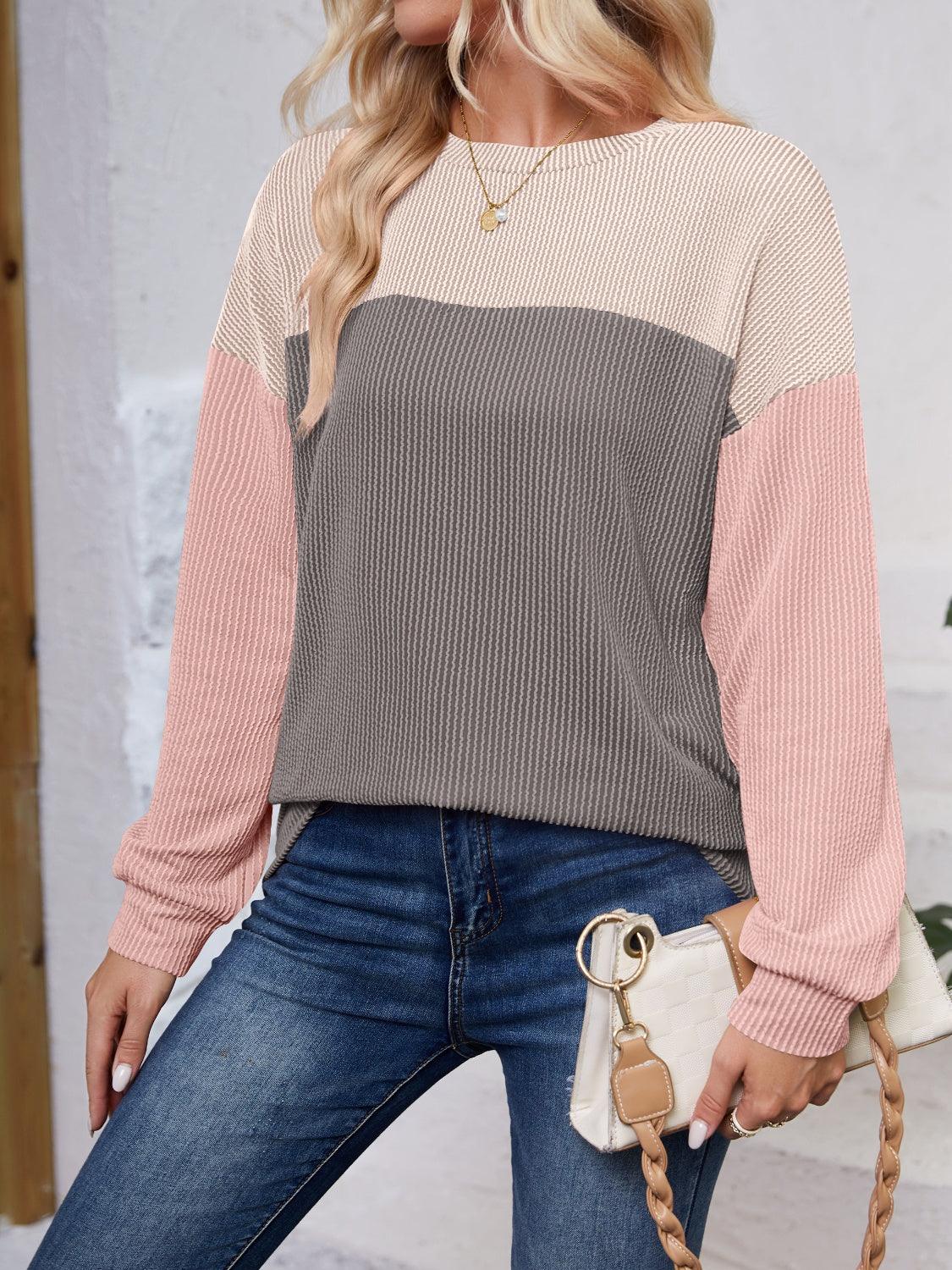 Color Block Round Neck Long Sleeve Sweatshirt - Bona Fide Fashion