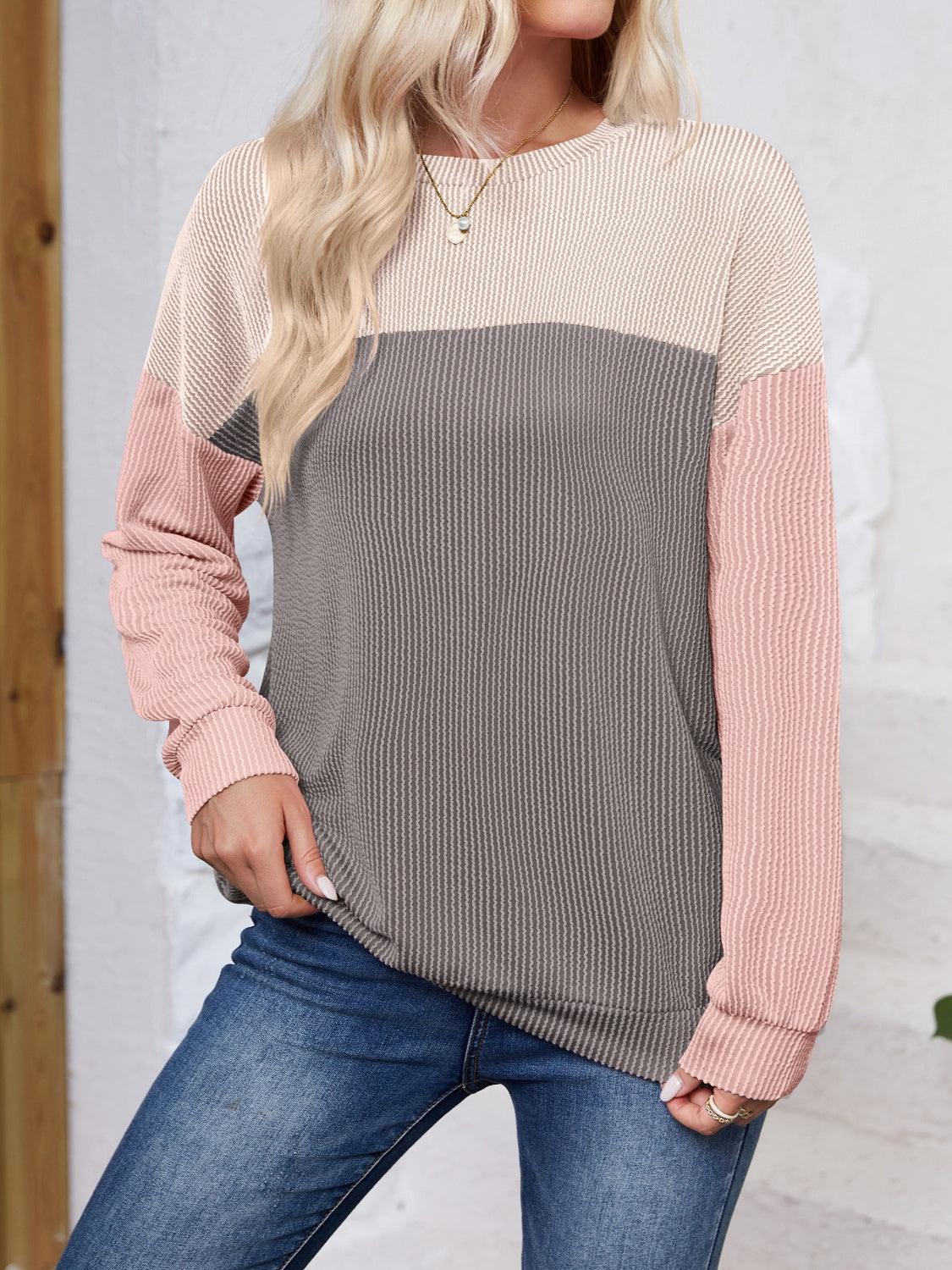 Color Block Round Neck Long Sleeve Sweatshirt - Bona Fide Fashion