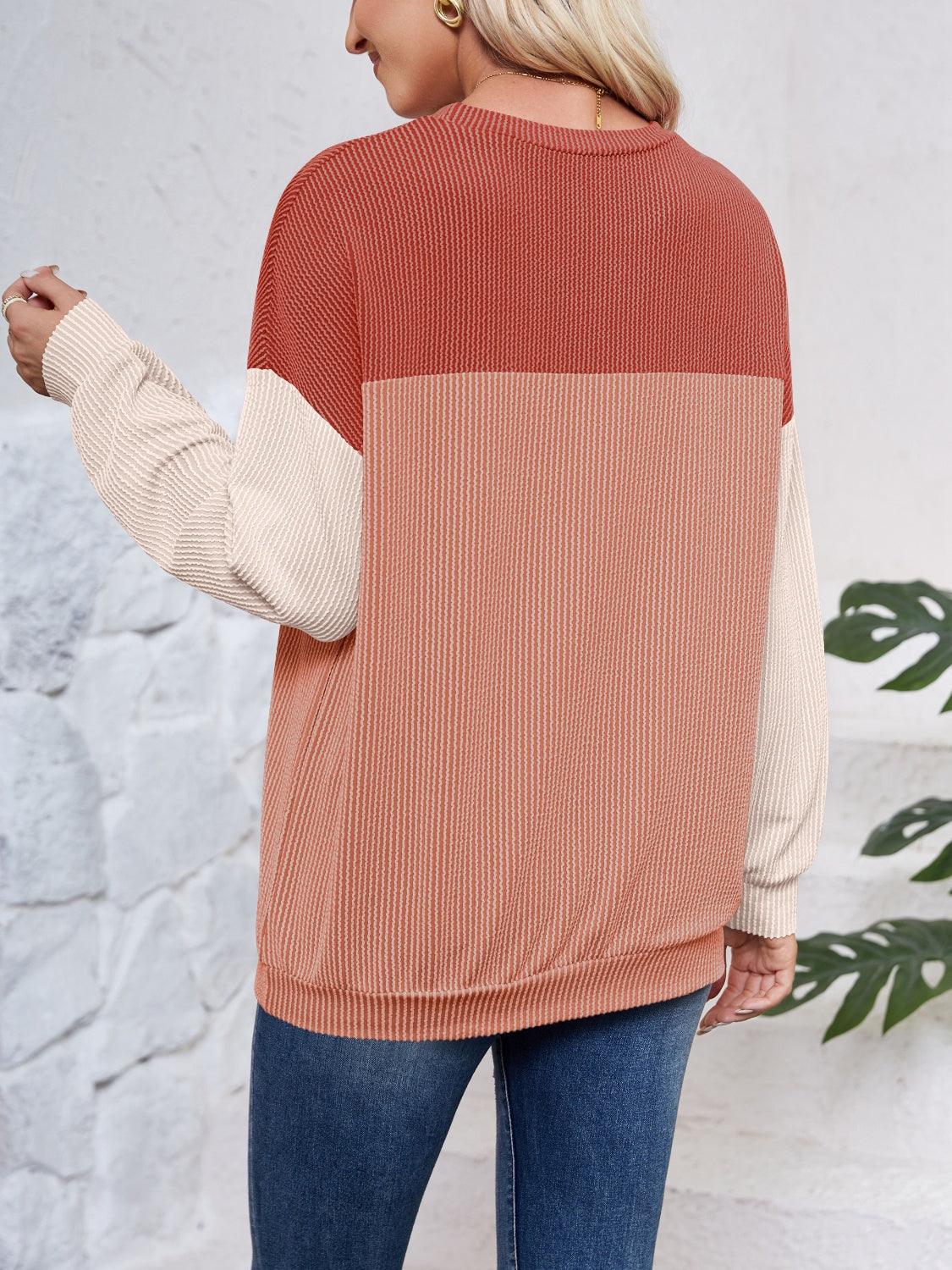 Color Block Round Neck Long Sleeve Sweatshirt - Bona Fide Fashion