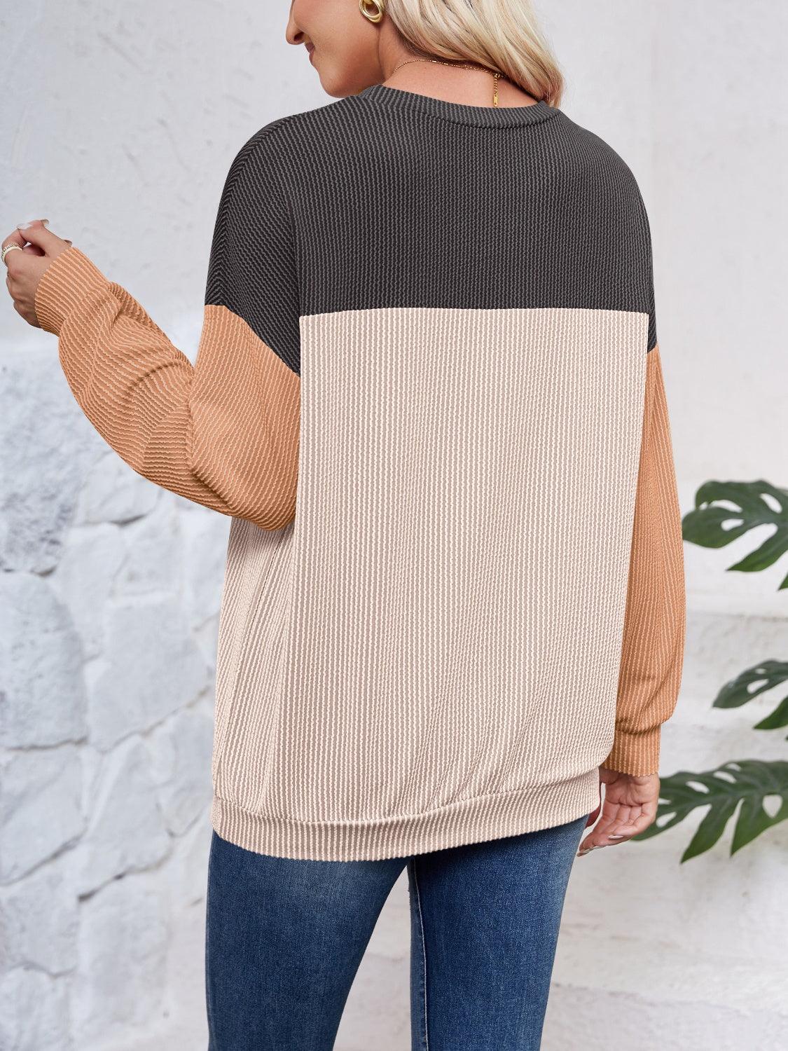 Color Block Round Neck Long Sleeve Sweatshirt - Bona Fide Fashion