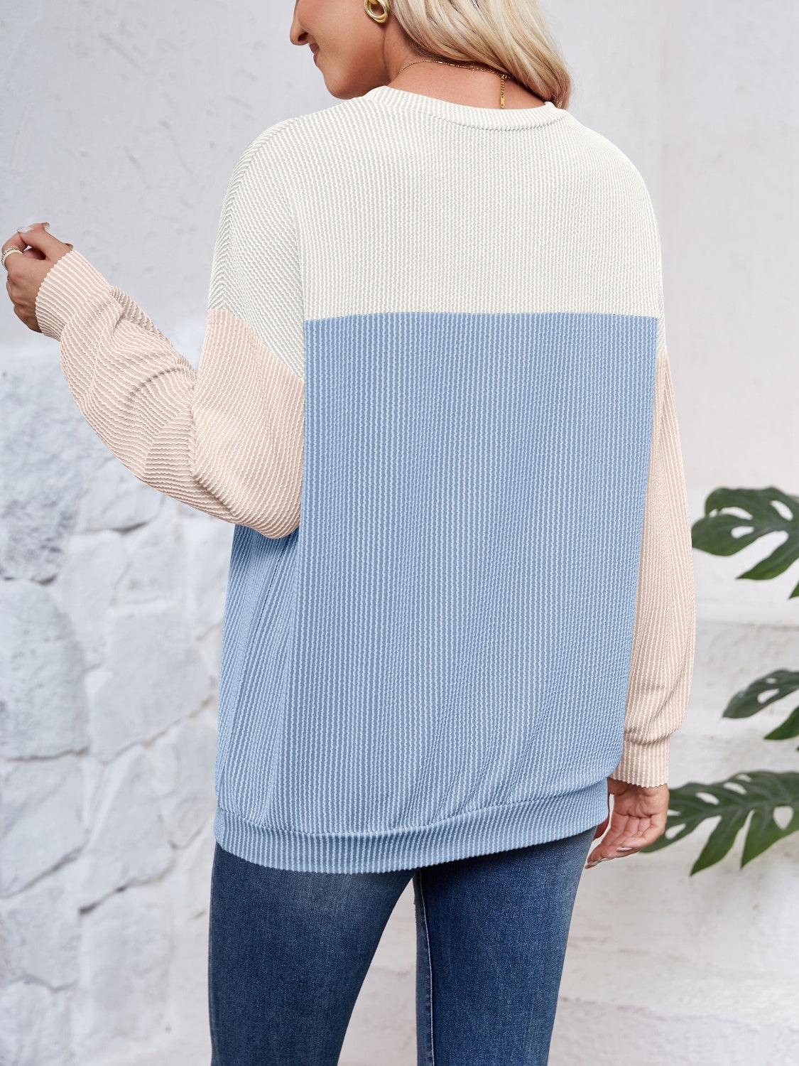 Color Block Round Neck Long Sleeve Sweatshirt - Bona Fide Fashion