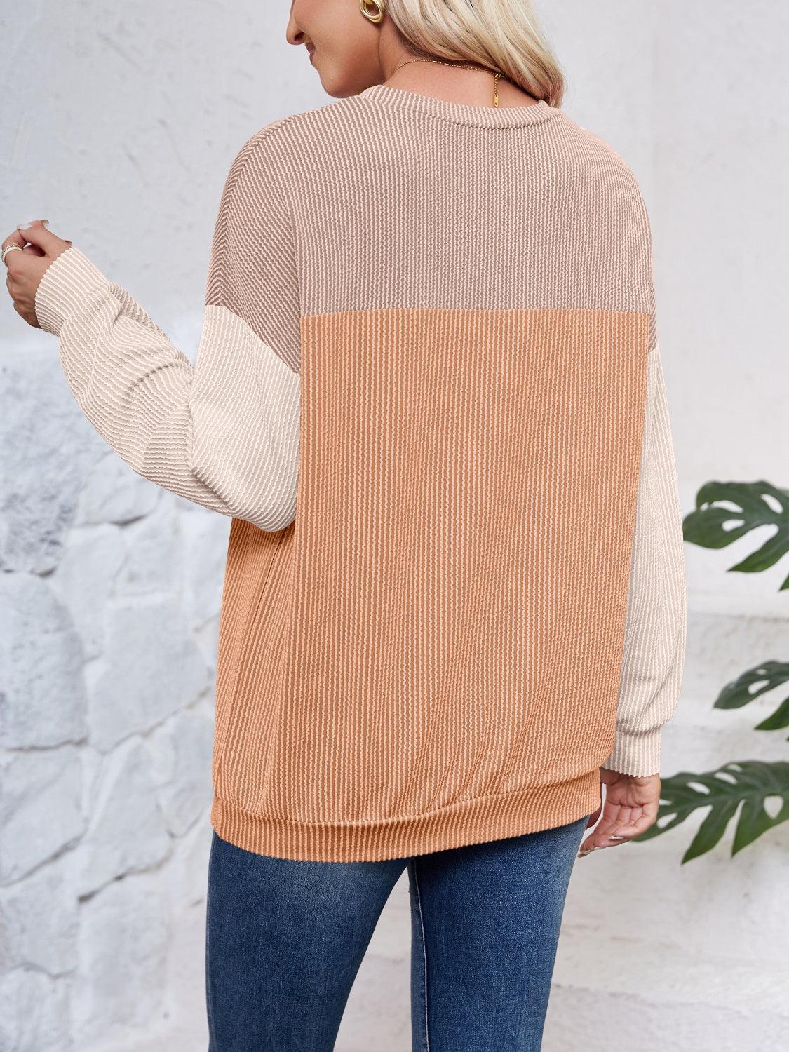 Color Block Round Neck Long Sleeve Sweatshirt - Bona Fide Fashion