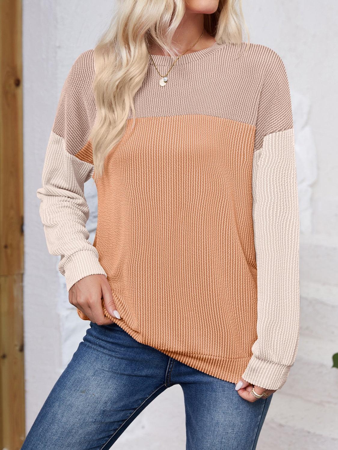 Color Block Round Neck Long Sleeve Sweatshirt - Bona Fide Fashion