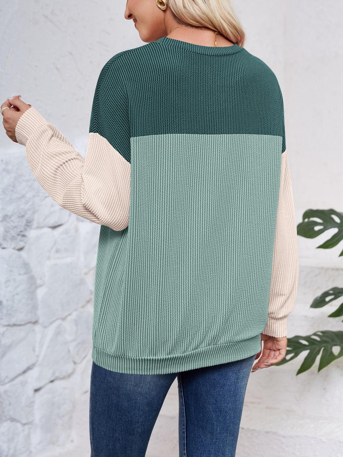 Color Block Round Neck Long Sleeve Sweatshirt - Bona Fide Fashion