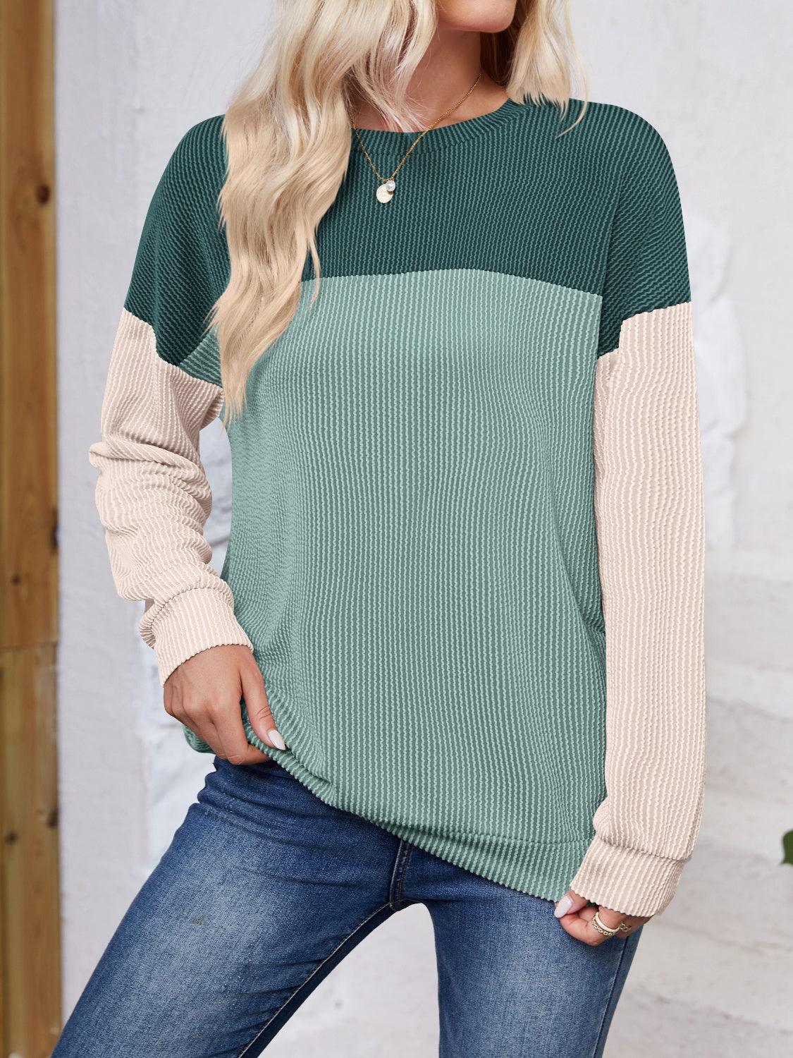 Color Block Round Neck Long Sleeve Sweatshirt - Bona Fide Fashion