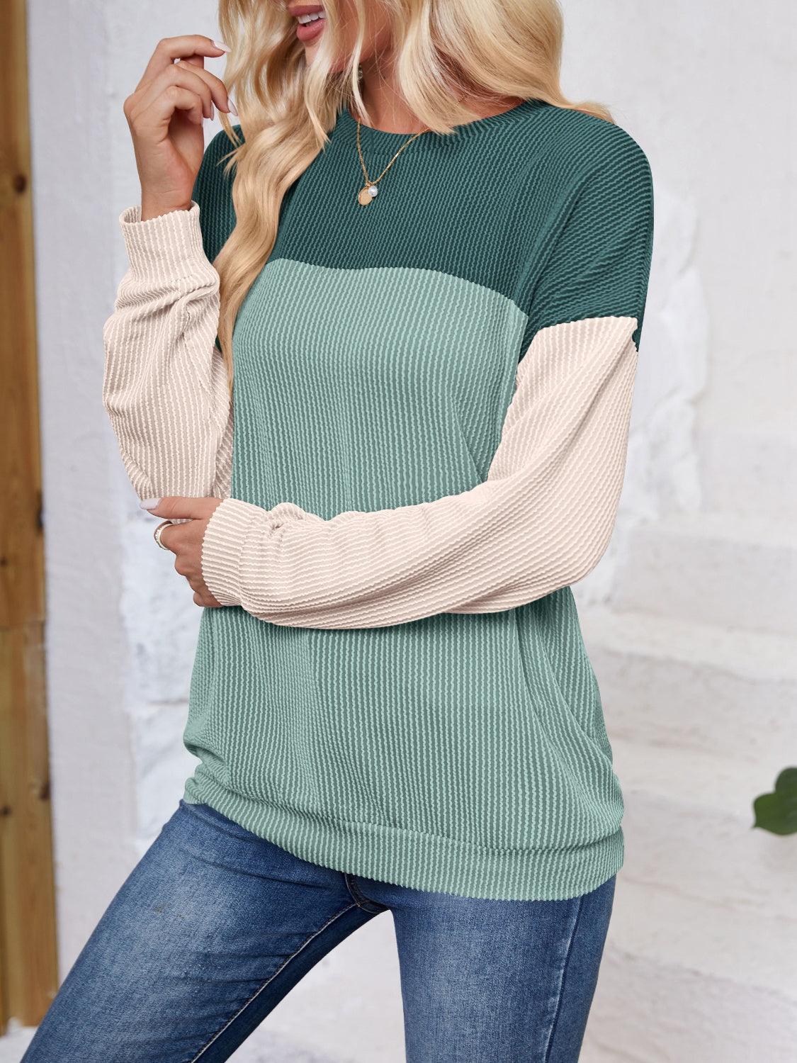 Color Block Round Neck Long Sleeve Sweatshirt - Bona Fide Fashion