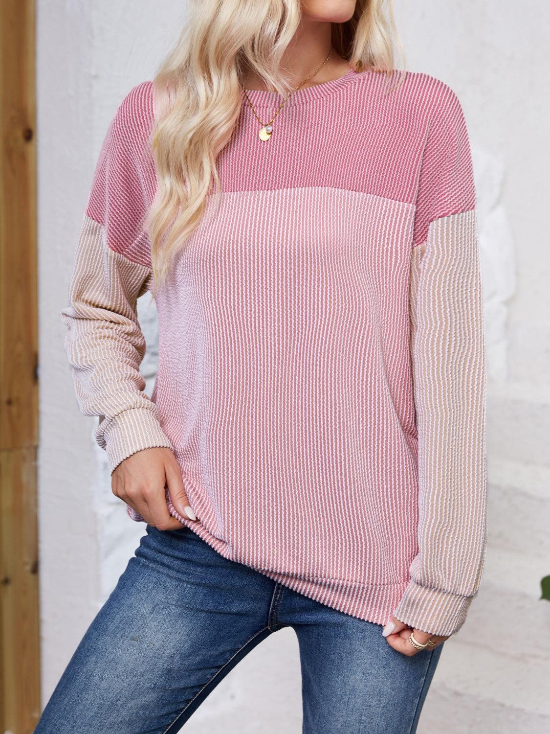 Color Block Round Neck Long Sleeve Sweatshirt - Bona Fide Fashion