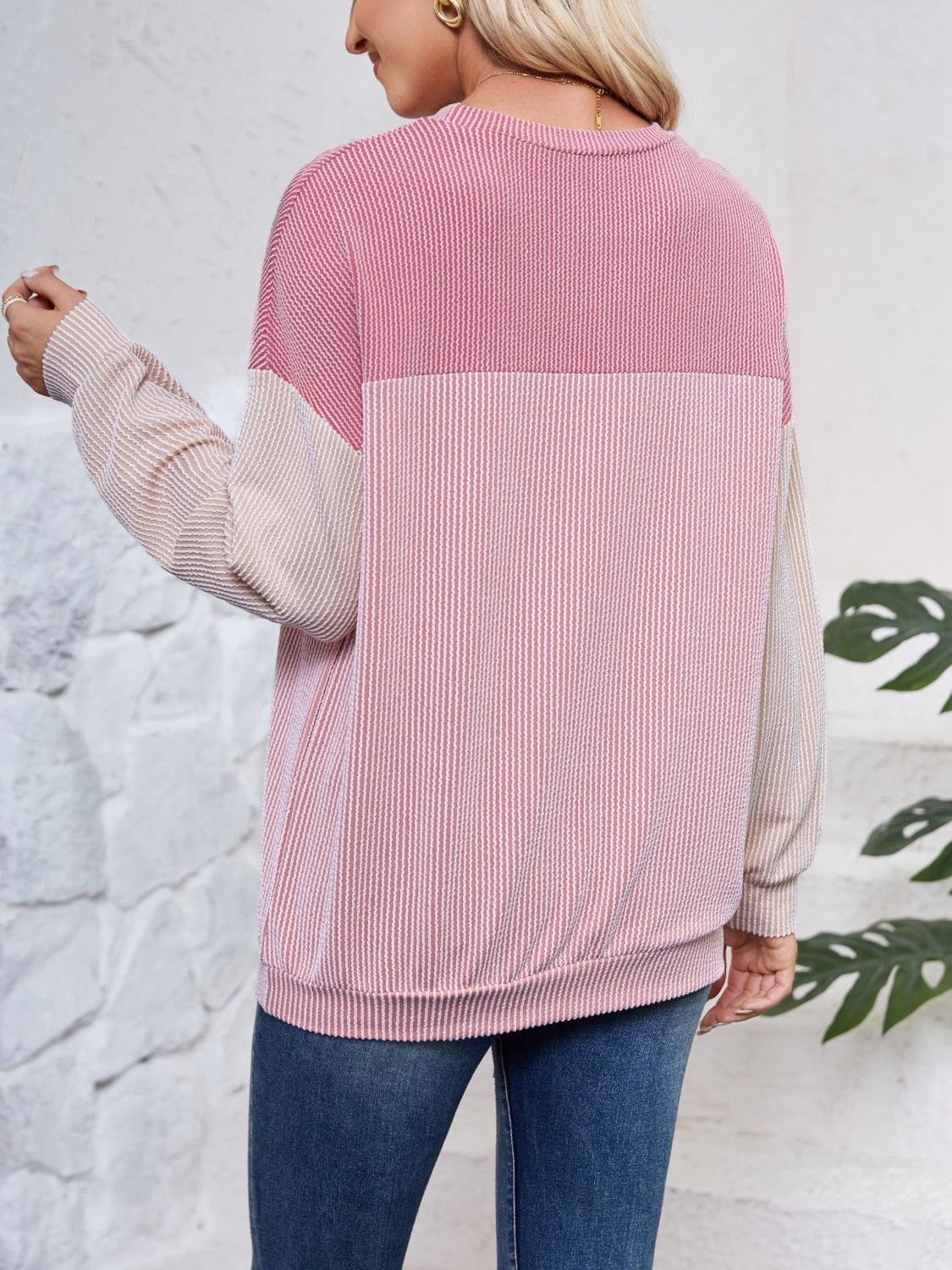 Color Block Round Neck Long Sleeve Sweatshirt - Bona Fide Fashion