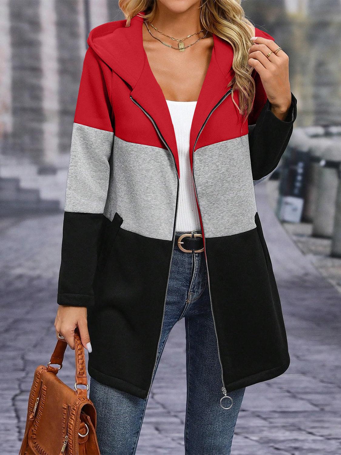 Color Block Zip Up Long Sleeve Hooded Outerwear - Bona Fide Fashion