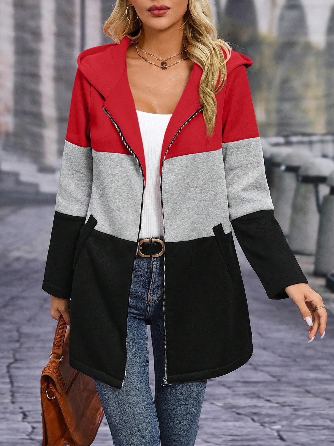 Color Block Zip Up Long Sleeve Hooded Outerwear - Bona Fide Fashion