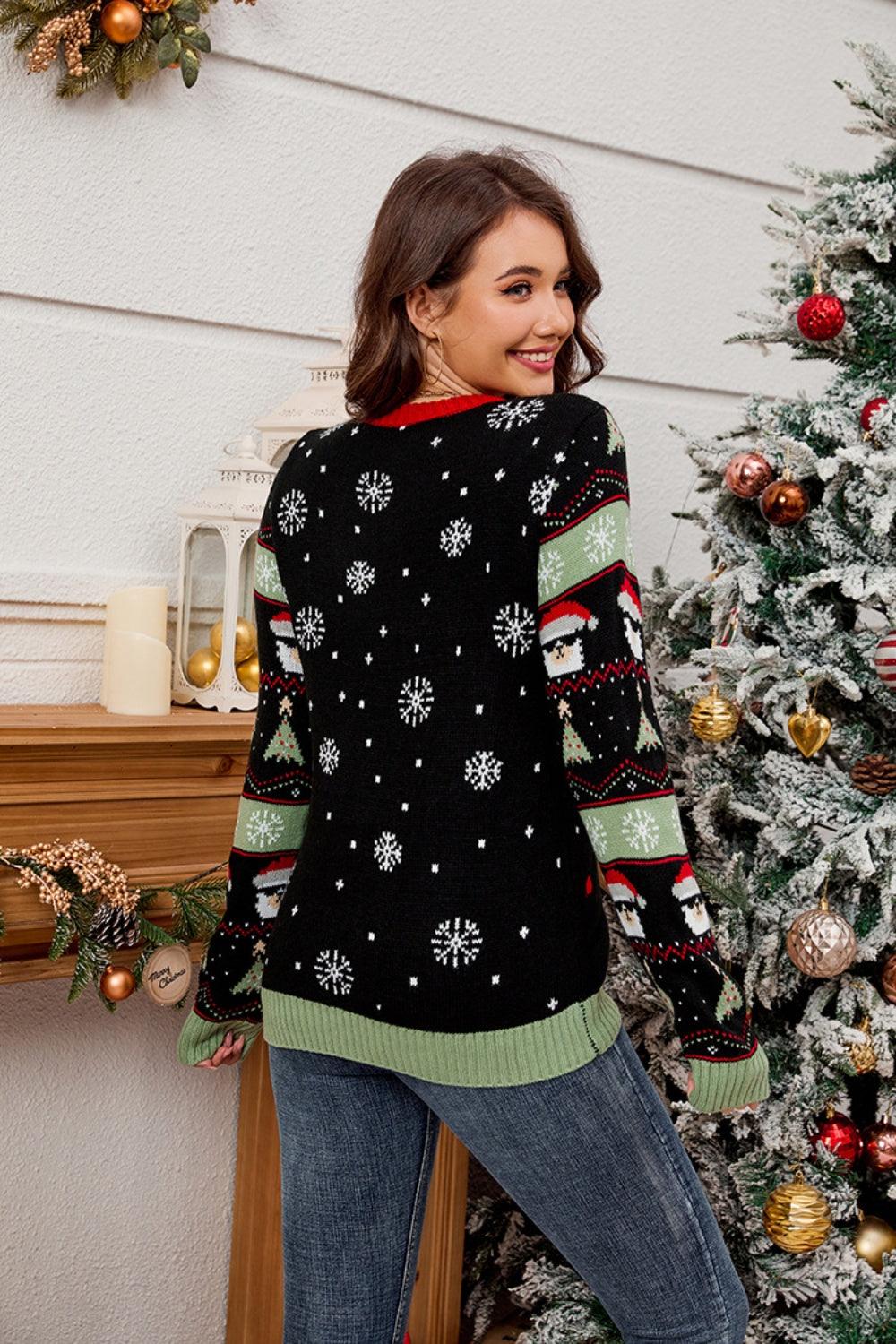 Contrast Christmas Pattern Round Neck Sweater - Bona Fide Fashion