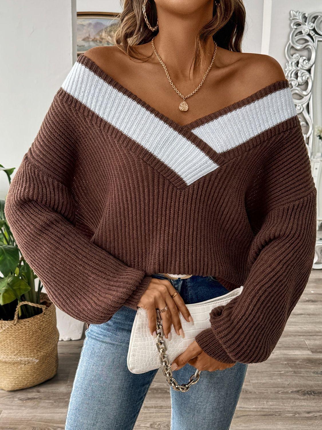 Contrast Dropped Shoulder Long Sleeve Sweater - Bona Fide Fashion