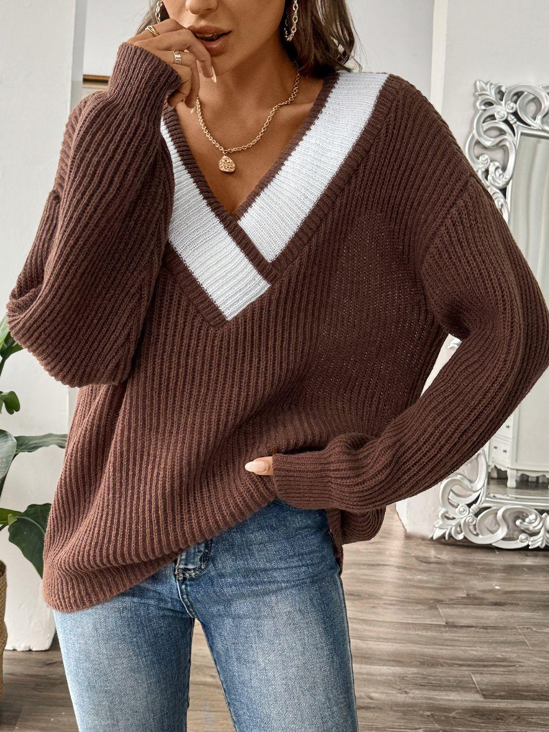 Contrast Dropped Shoulder Long Sleeve Sweater - Bona Fide Fashion