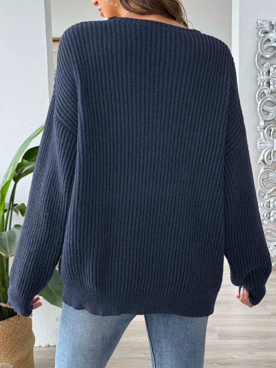 Contrast Dropped Shoulder Long Sleeve Sweater - Bona Fide Fashion