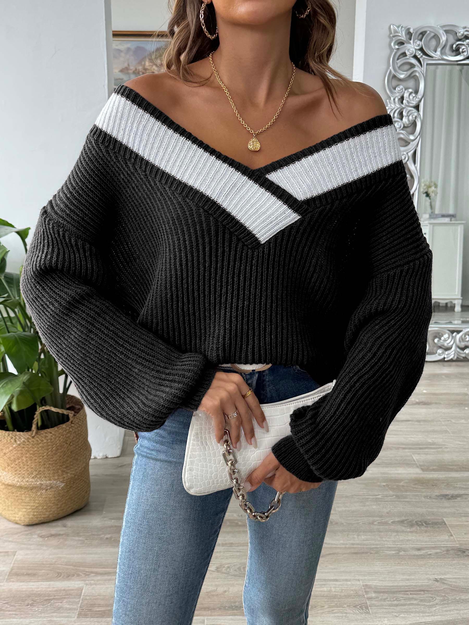 Contrast Dropped Shoulder Long Sleeve Sweater - Bona Fide Fashion