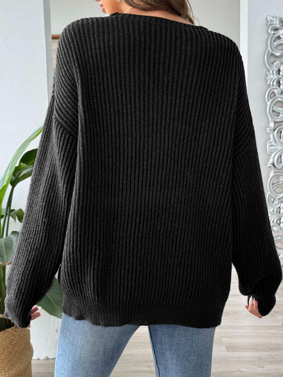 Contrast Dropped Shoulder Long Sleeve Sweater - Bona Fide Fashion